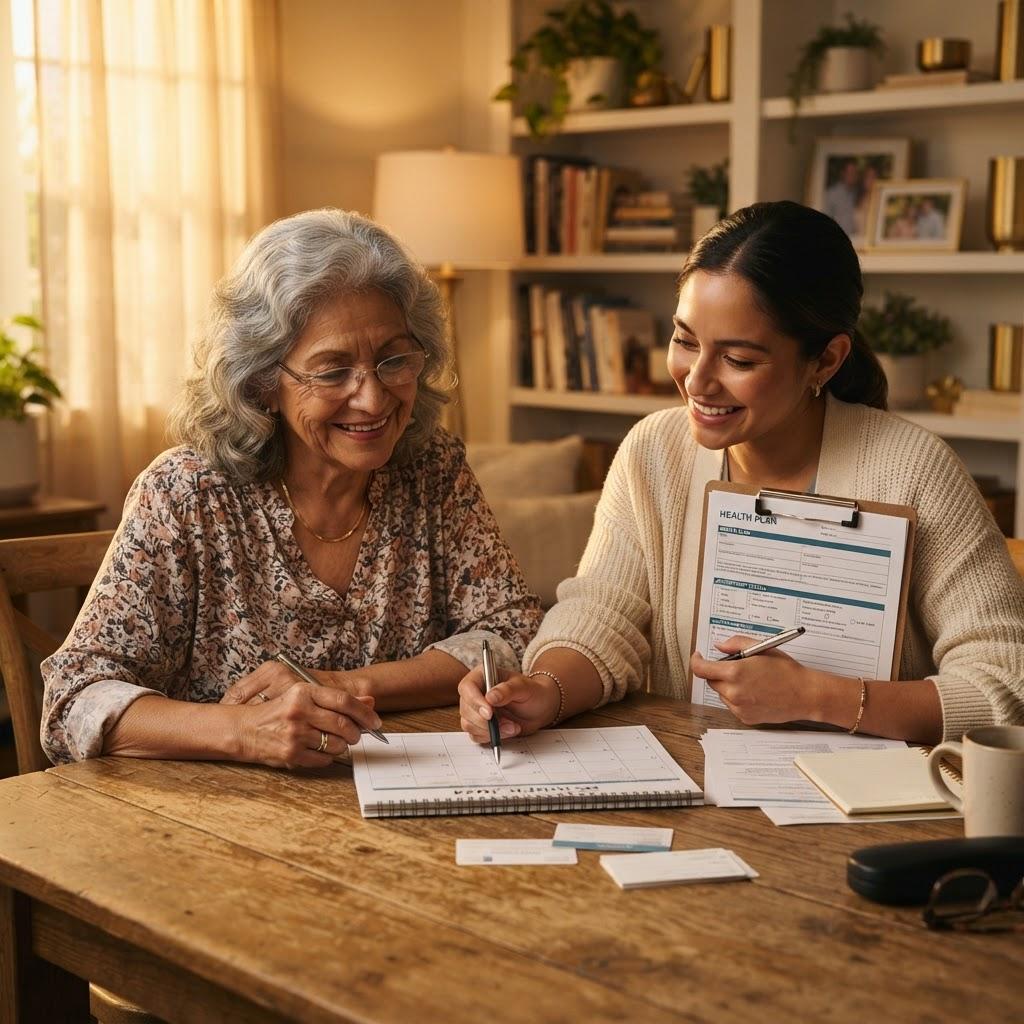 A caregiver and a senior woman reviewing a health plan and appointment calendar together