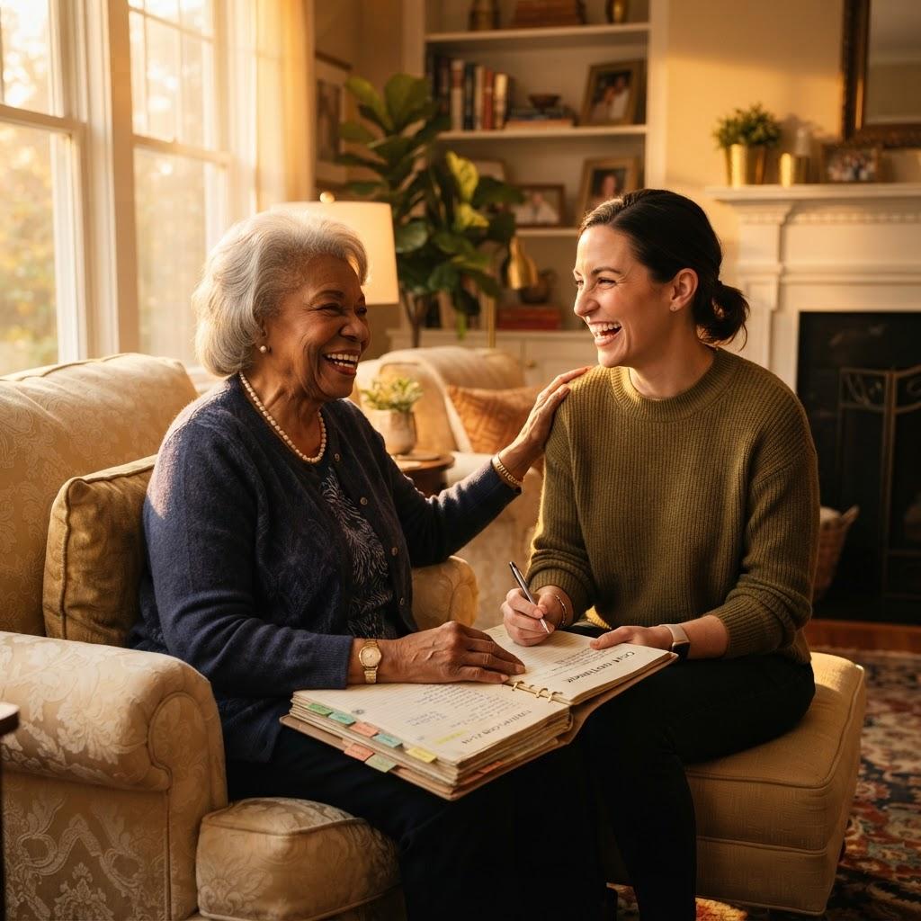 A senior woman and her caregiver laughing together while updating a care journal