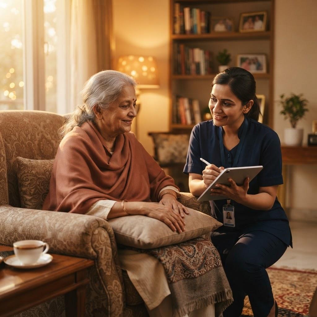 A caregiver noting a senior woman's check-in details on a tablet in her living room