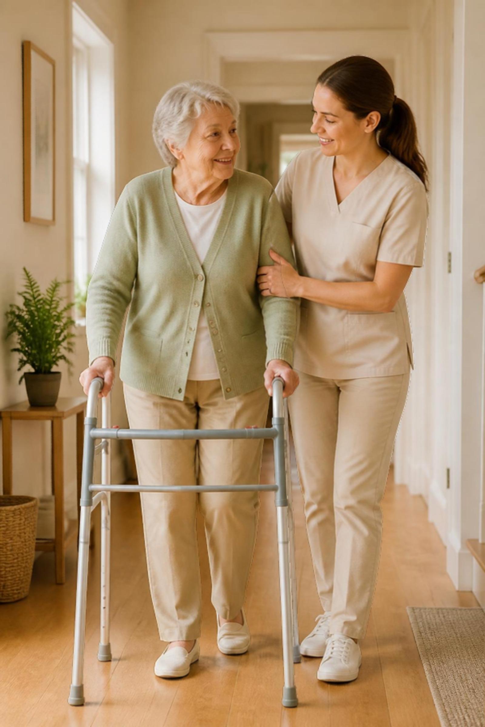 A caregiver helping a senior walk with a walker