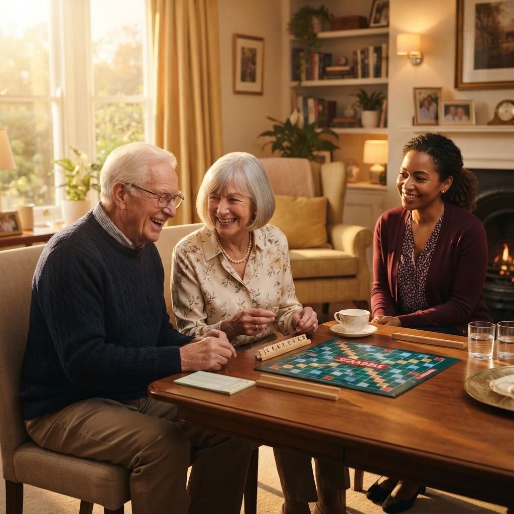 A caregiver playing a word board game with a senior couple in their living room