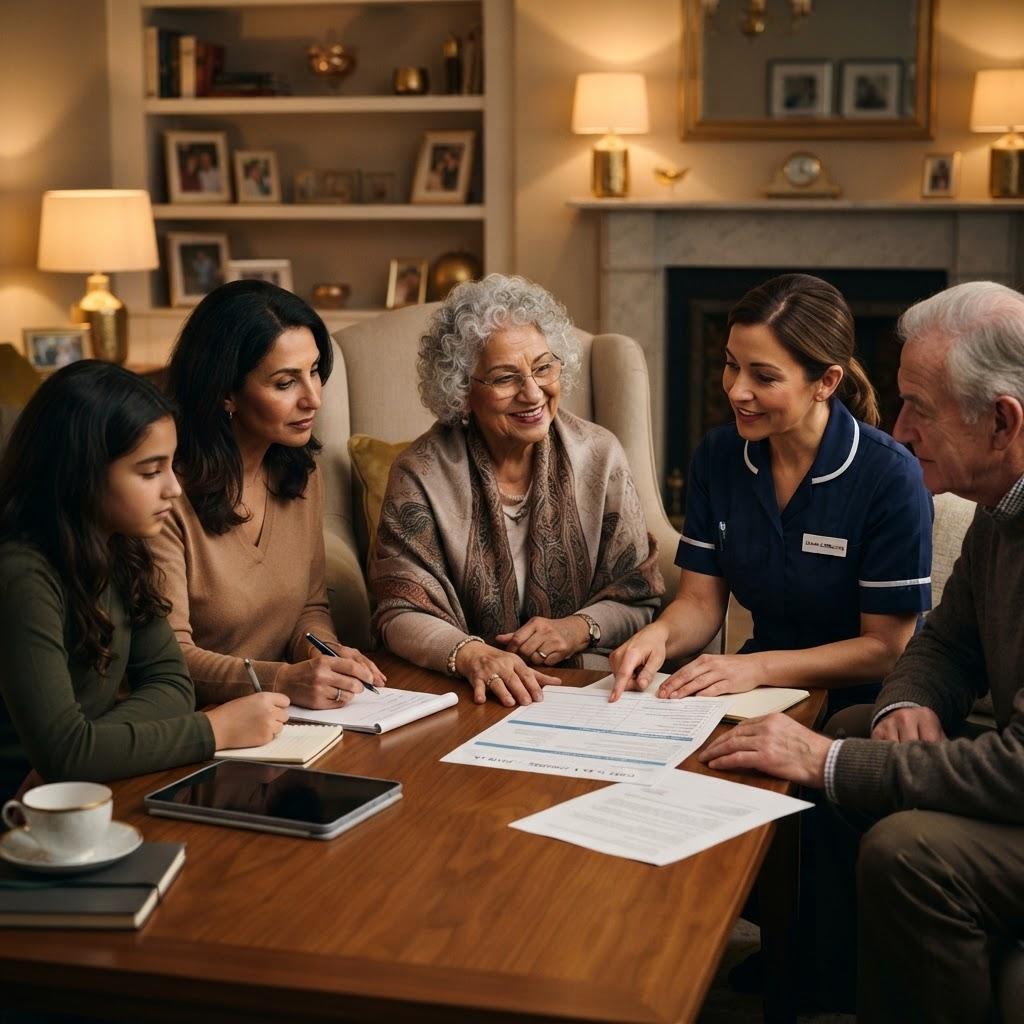A caregiver reviewing care paperwork with three generations of a family around a table