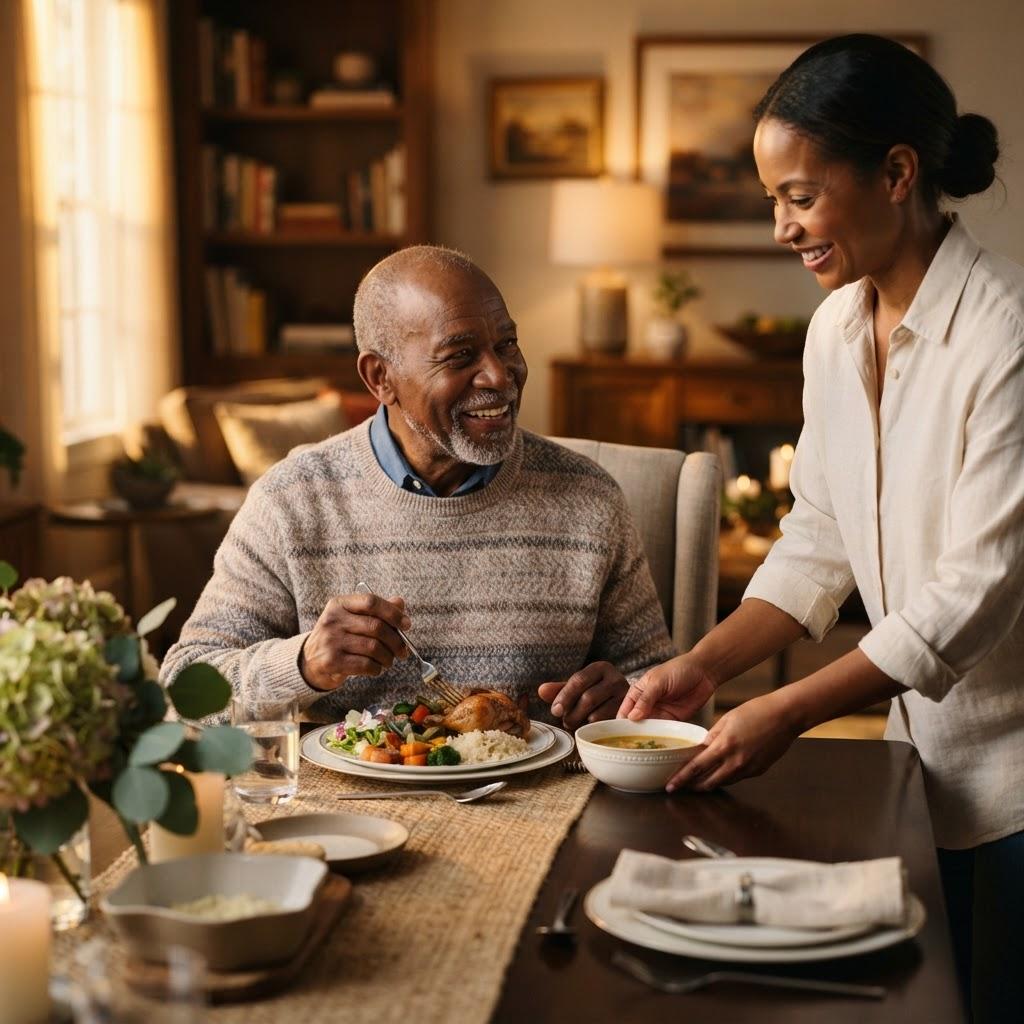 A caregiver serving a home-cooked meal to a smiling senior man at his dining table