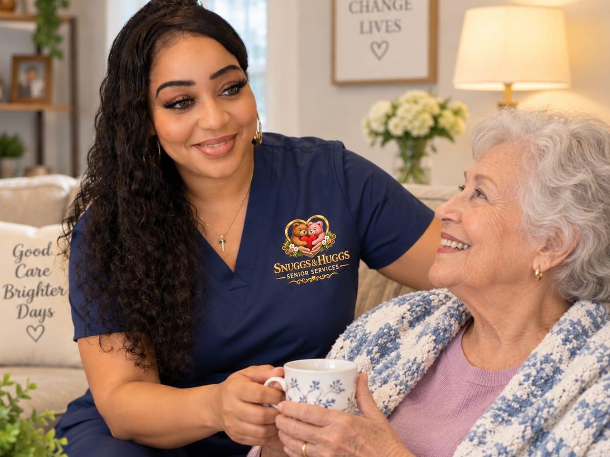 Caregiver in Snuggs & Huggs scrubs sharing a cup of tea with a smiling senior woman at home