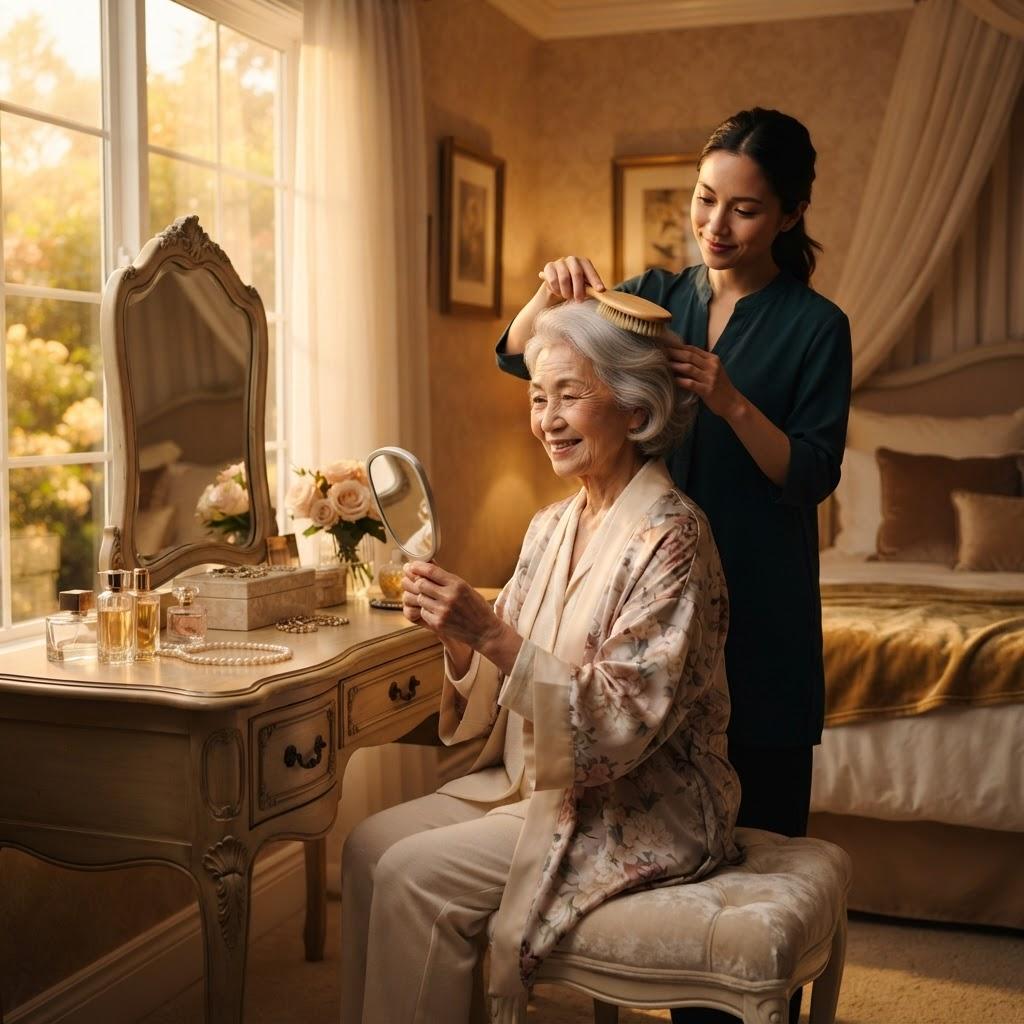 A caregiver gently brushing a senior woman's hair at her dressing table
