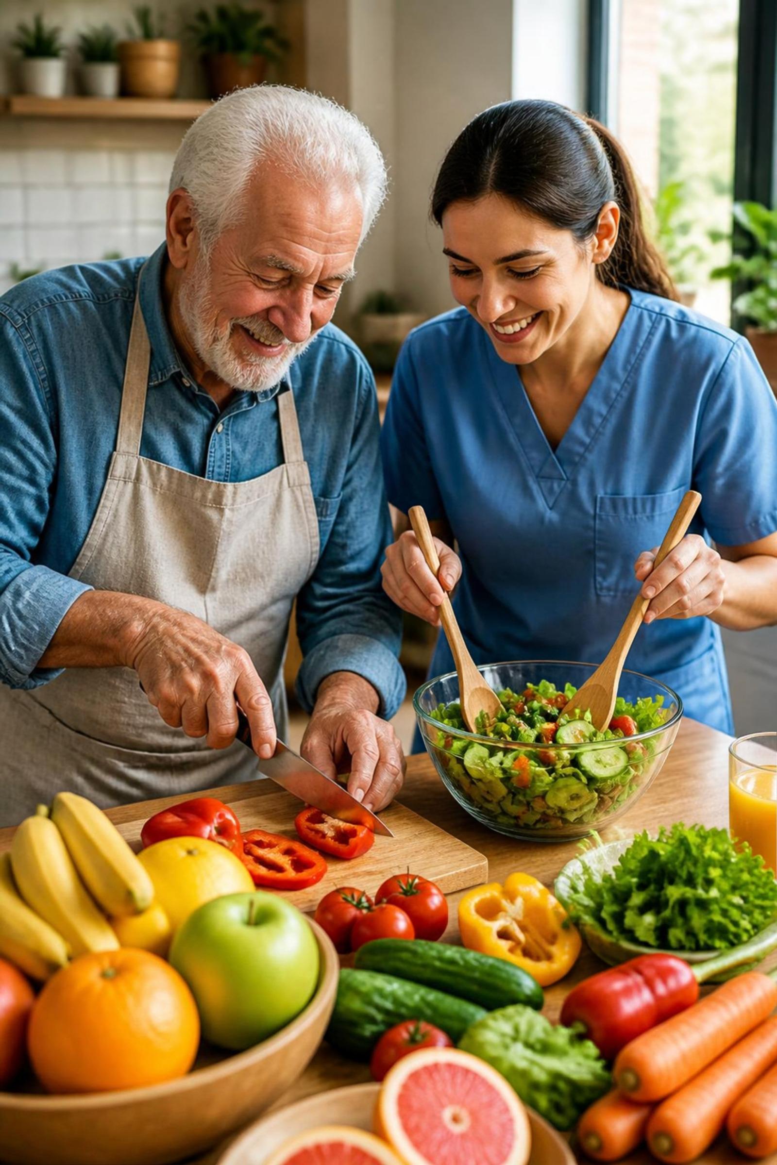 A senior man and a caregiver preparing a colorful, healthy meal together at a kitchen counter
