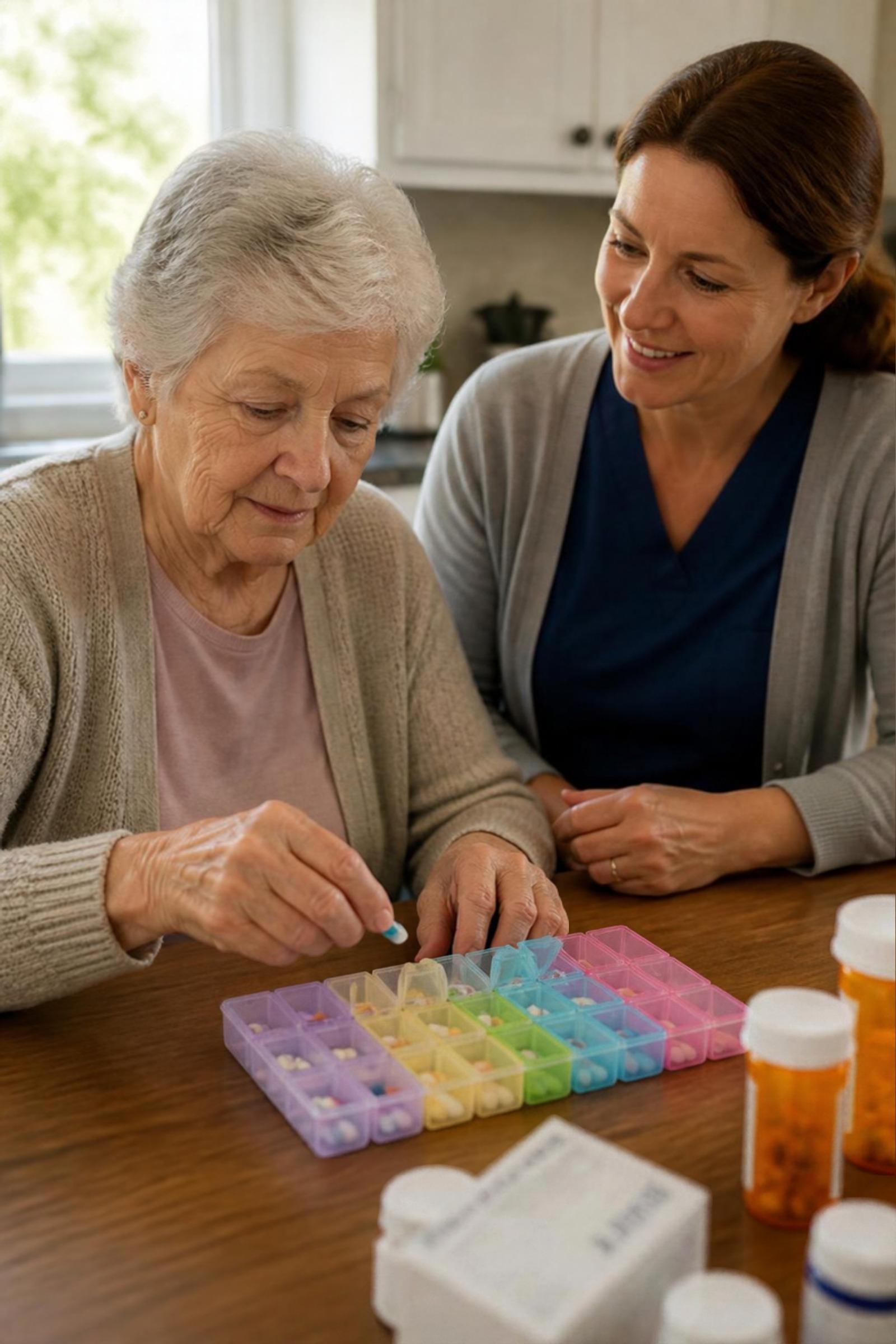 A senior sorting medication into a weekly pill organizer