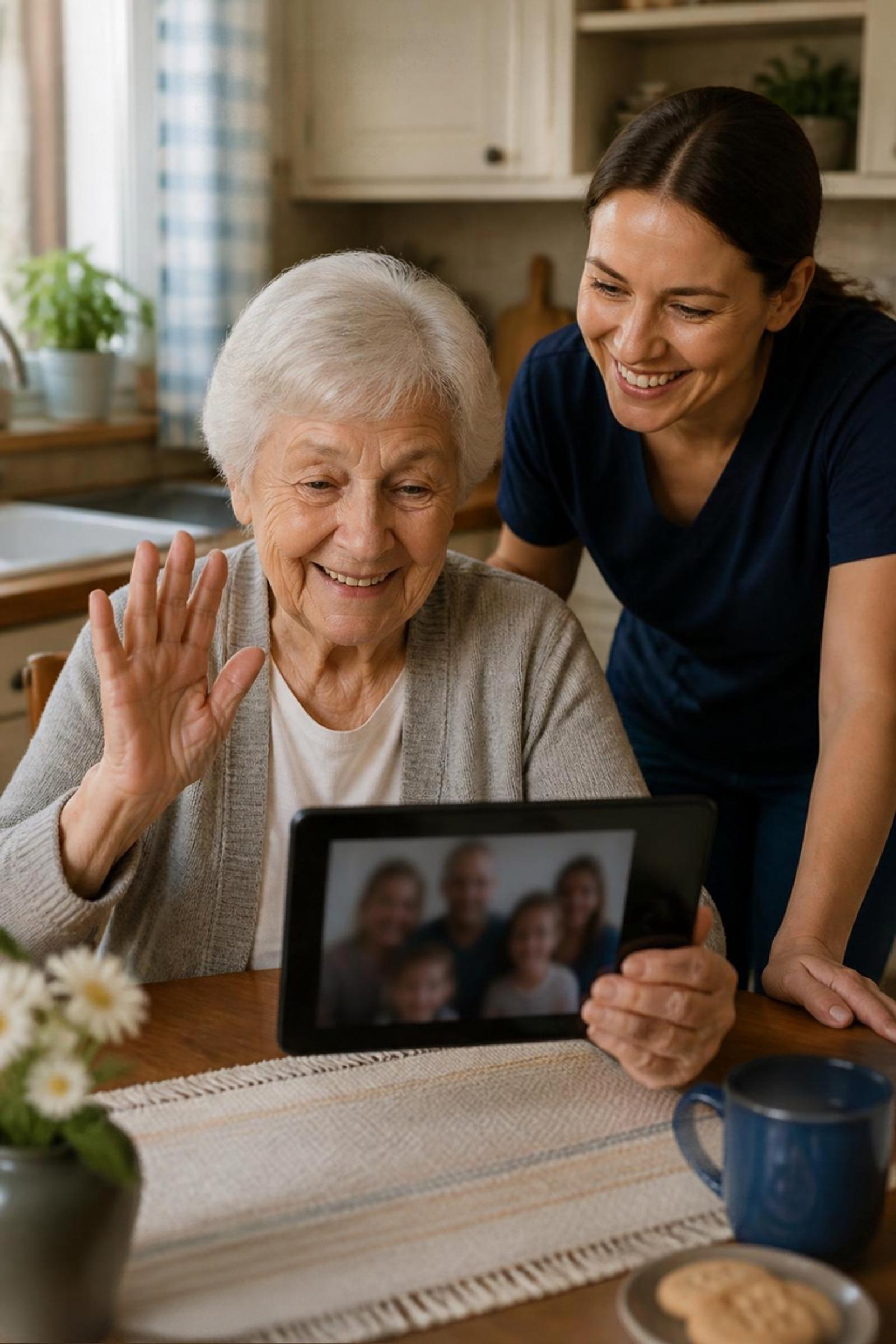 A senior woman smiling while video calling family on a tablet at her kitchen table