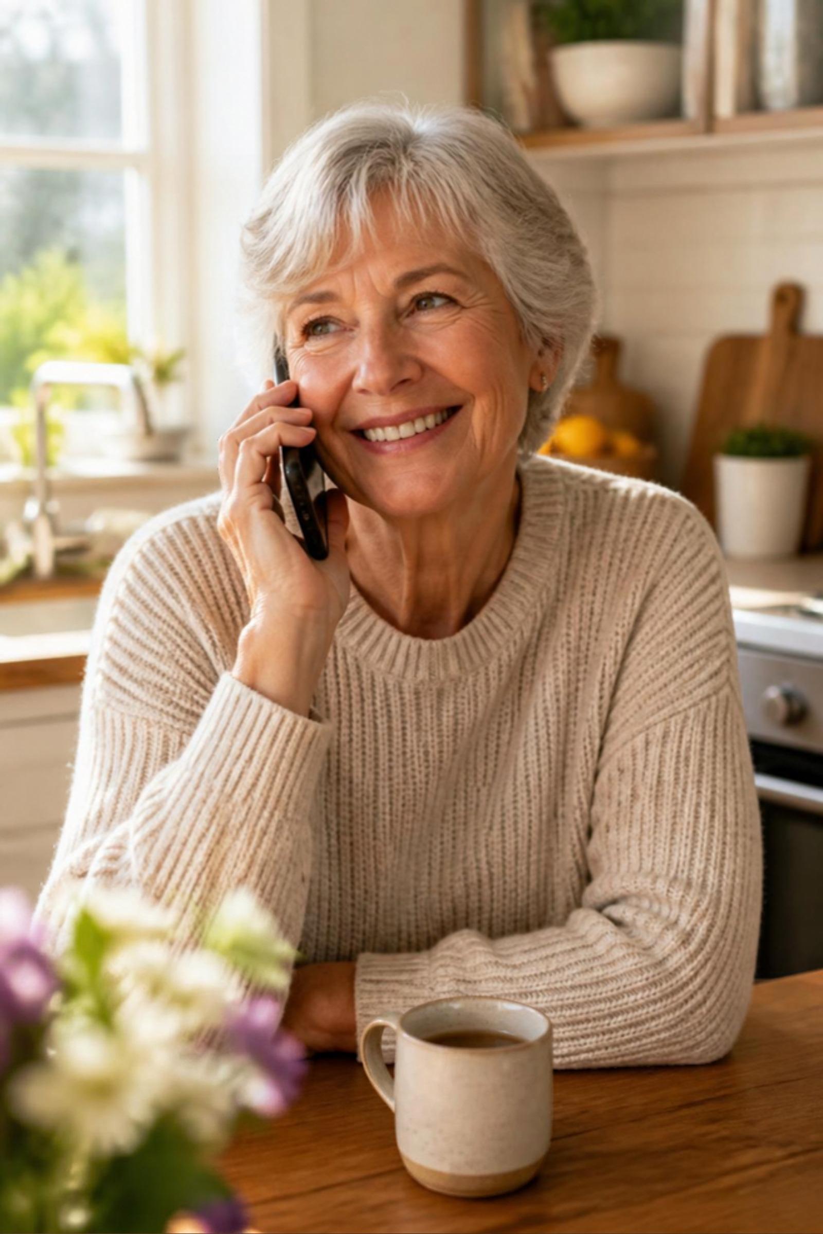 A senior woman talking on the phone in her kitchen