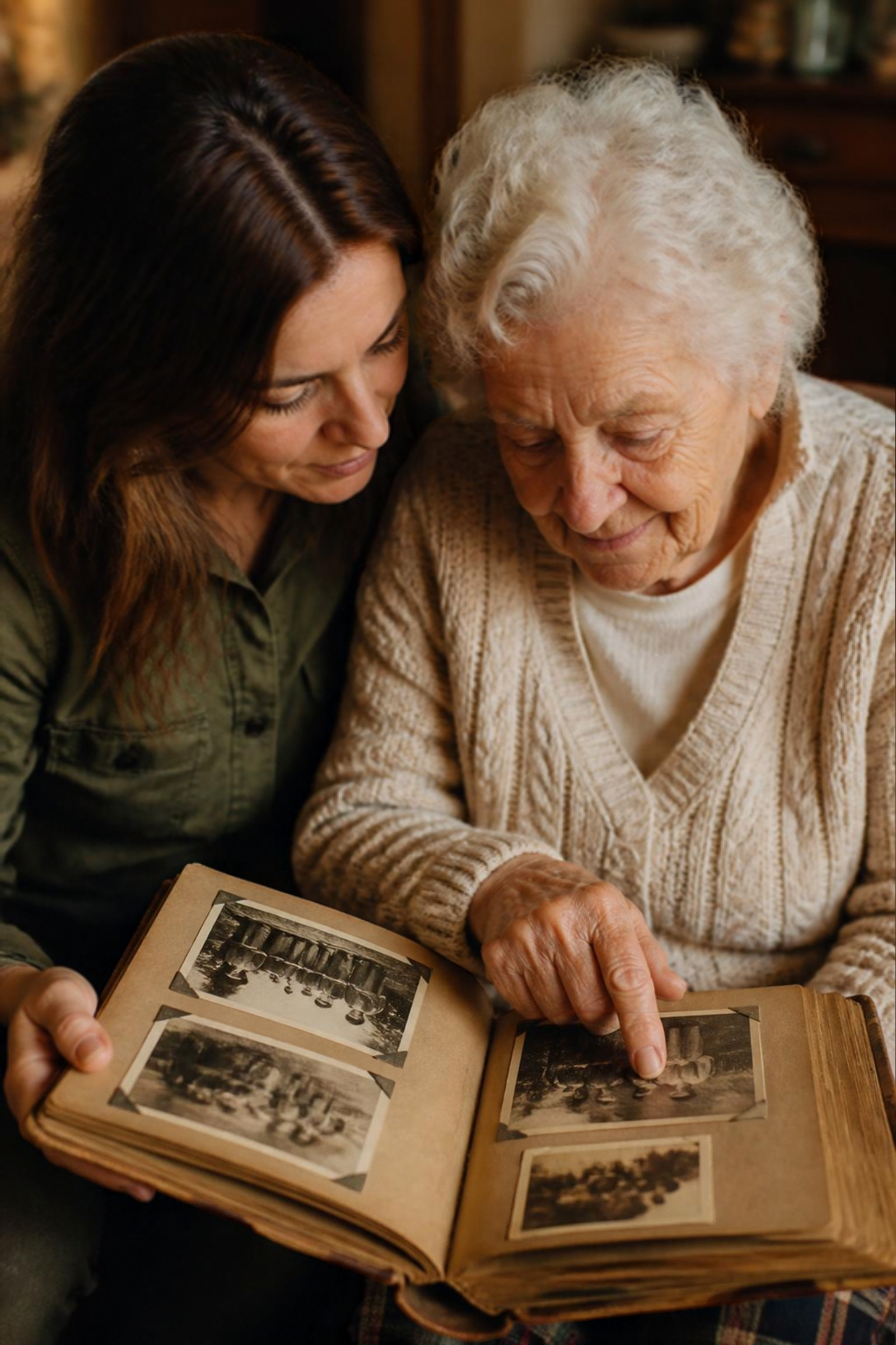 A caregiver and a senior woman looking together at an old photo album