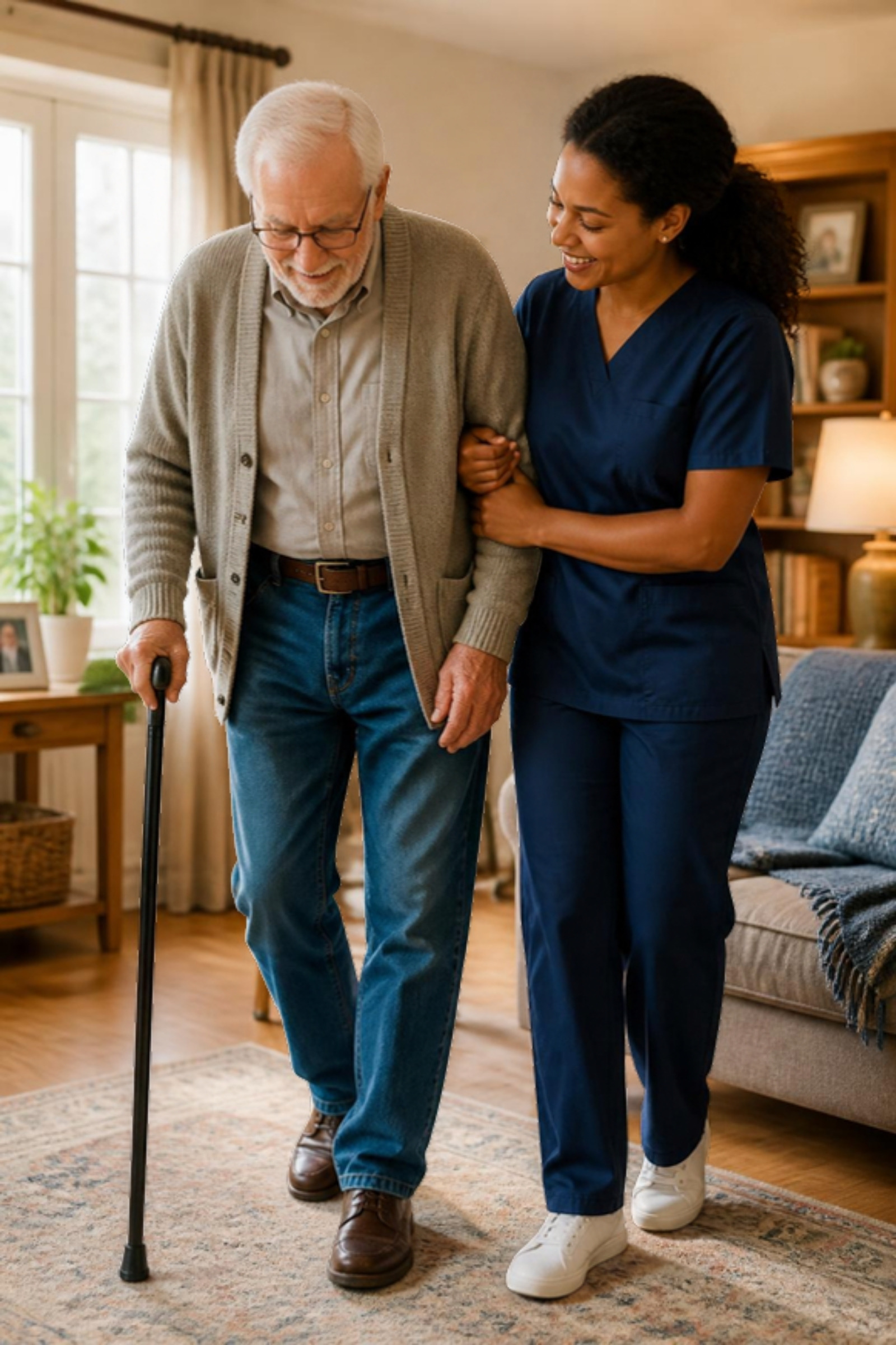 A caregiver gently assisting a senior man who is walking with a cane in a warm living room