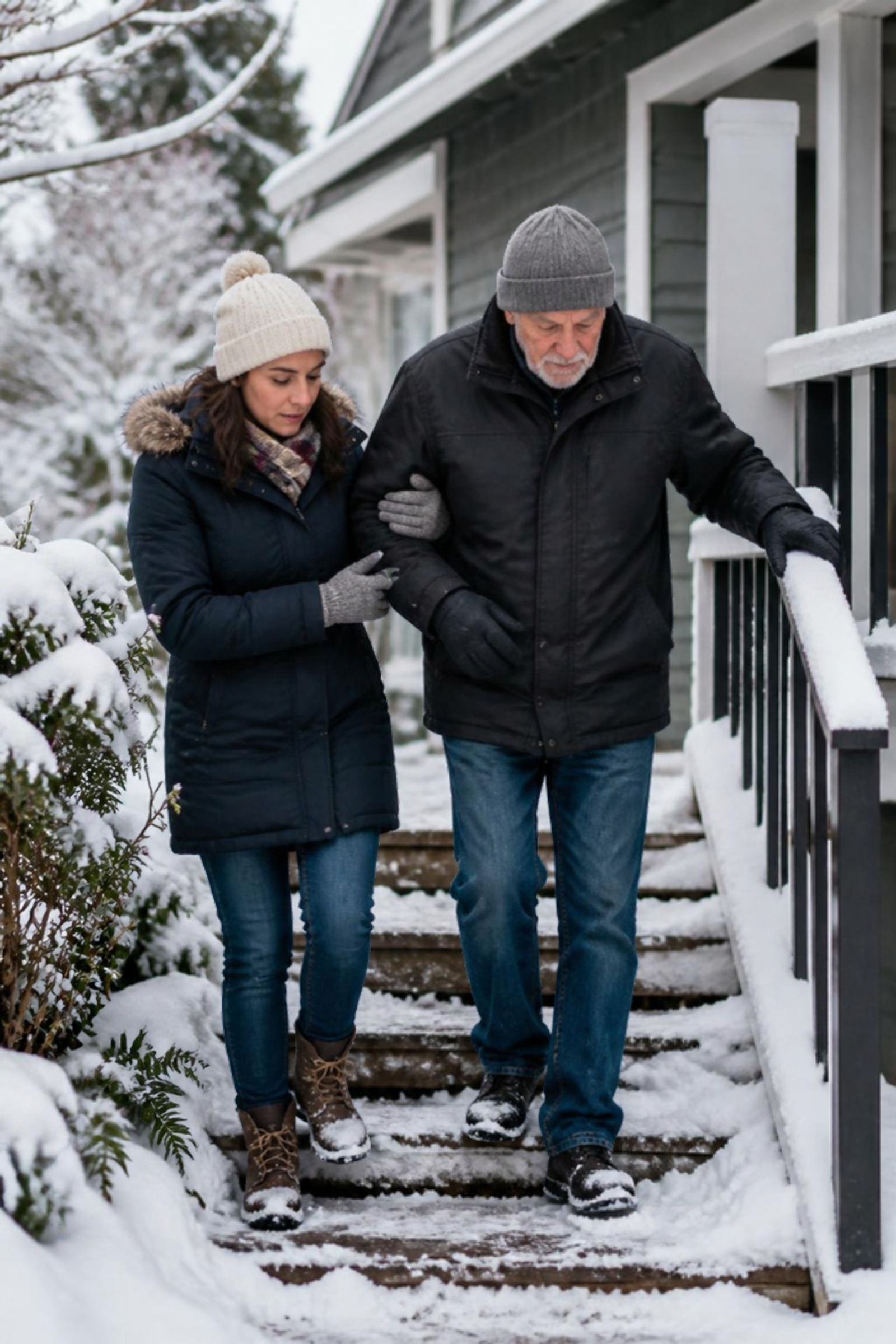 A caregiver helping a senior man carefully walk down snowy porch steps
