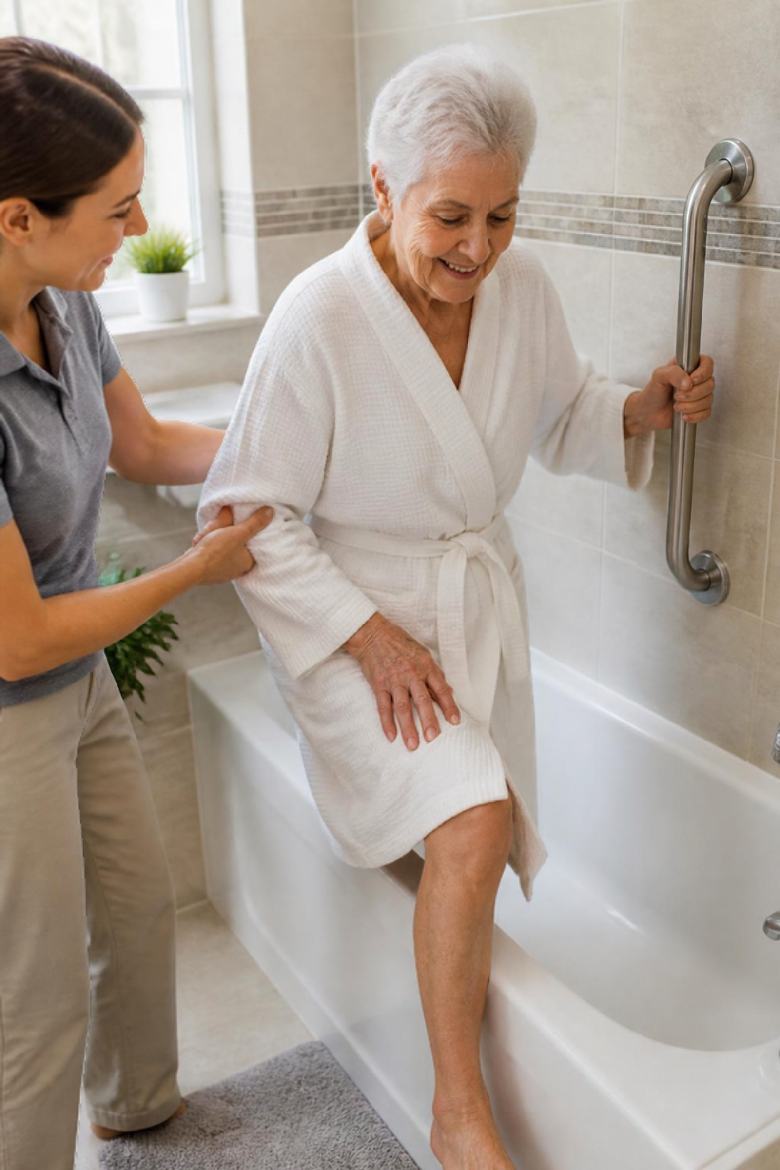 A caregiver steadying a senior woman's arm as she carefully steps out of a bathtub with a grab bar nearby