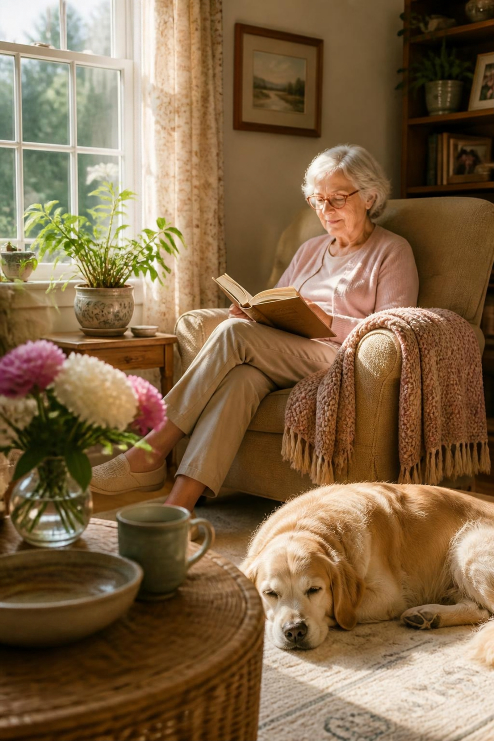 A senior woman reading by a sunlit window in a cozy, familiar living room