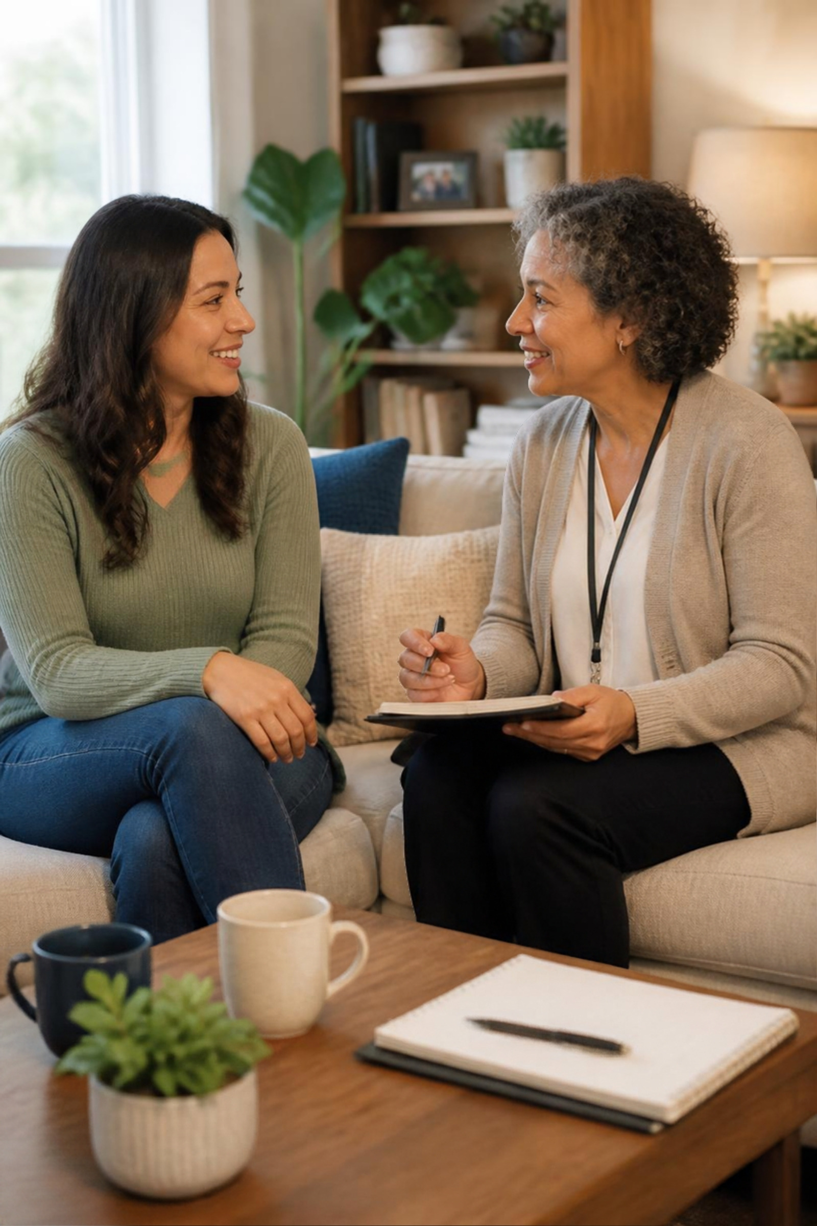 An adult daughter and a care coordinator having a friendly introductory conversation on a couch
