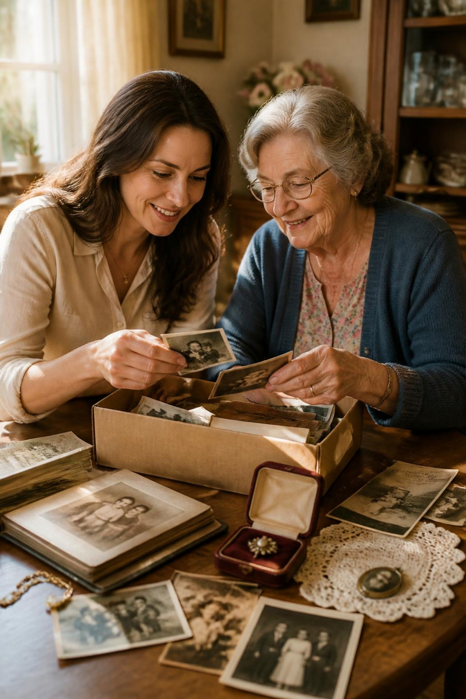 An adult daughter and her senior mother sorting through a box of keepsakes and photographs together