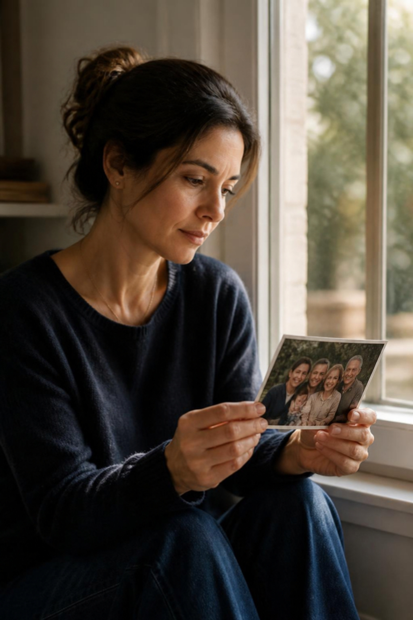An adult daughter sitting quietly by a window, looking thoughtfully at a family photo