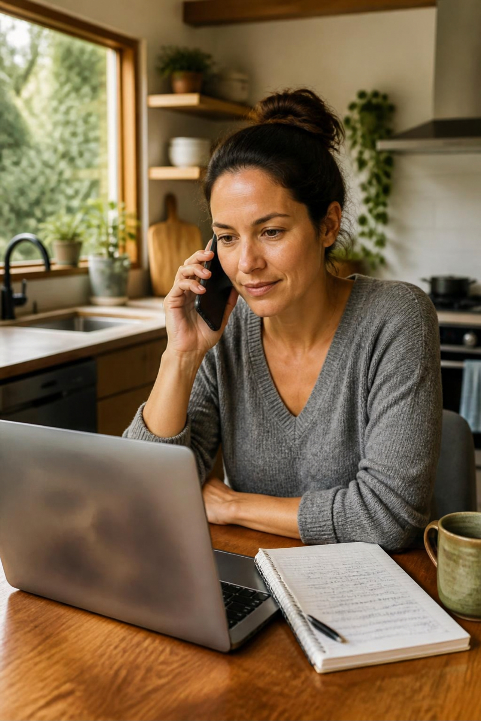 An adult daughter on the phone while reviewing care options on her laptop at home