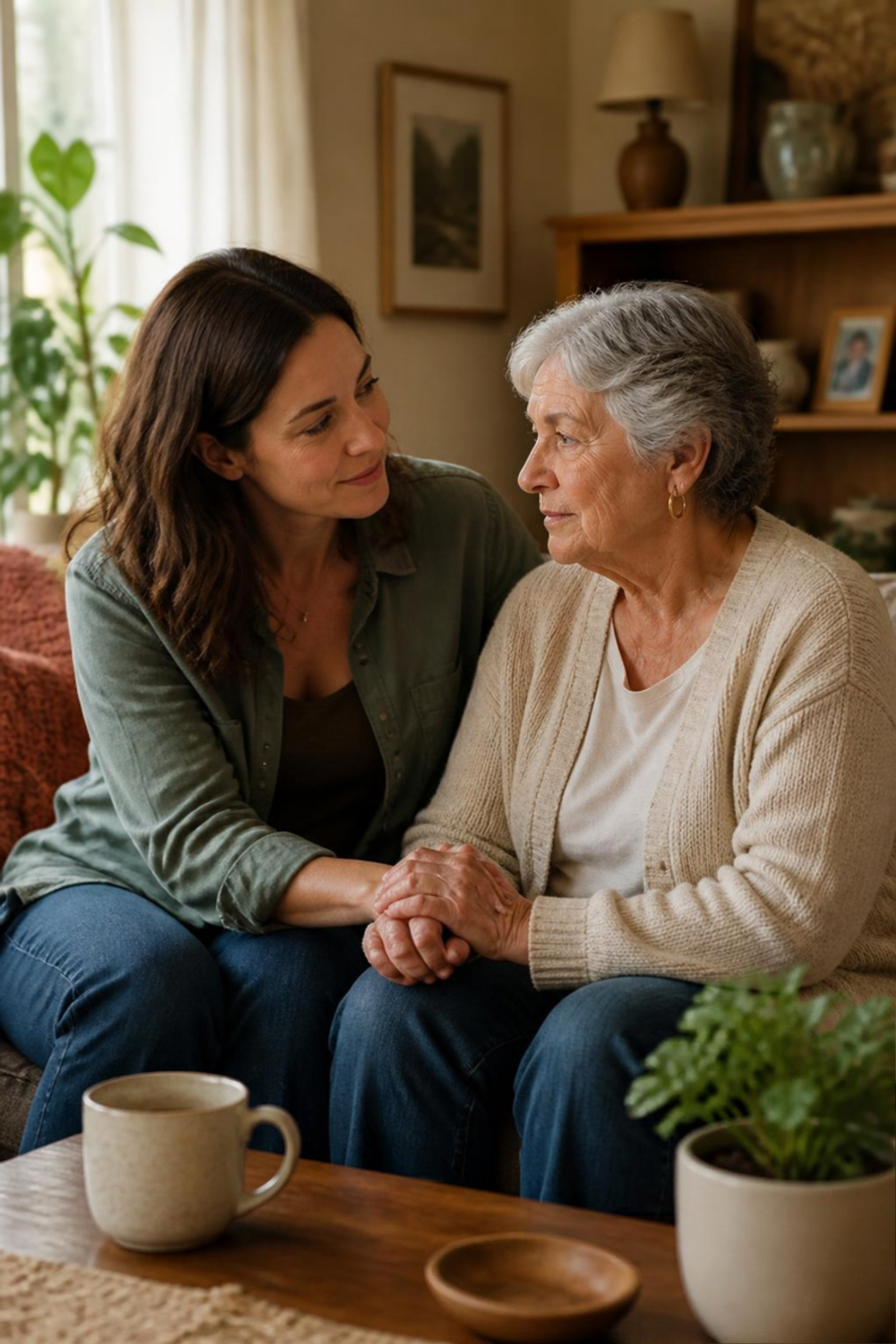 An adult daughter gently talking with her senior mother in a living room