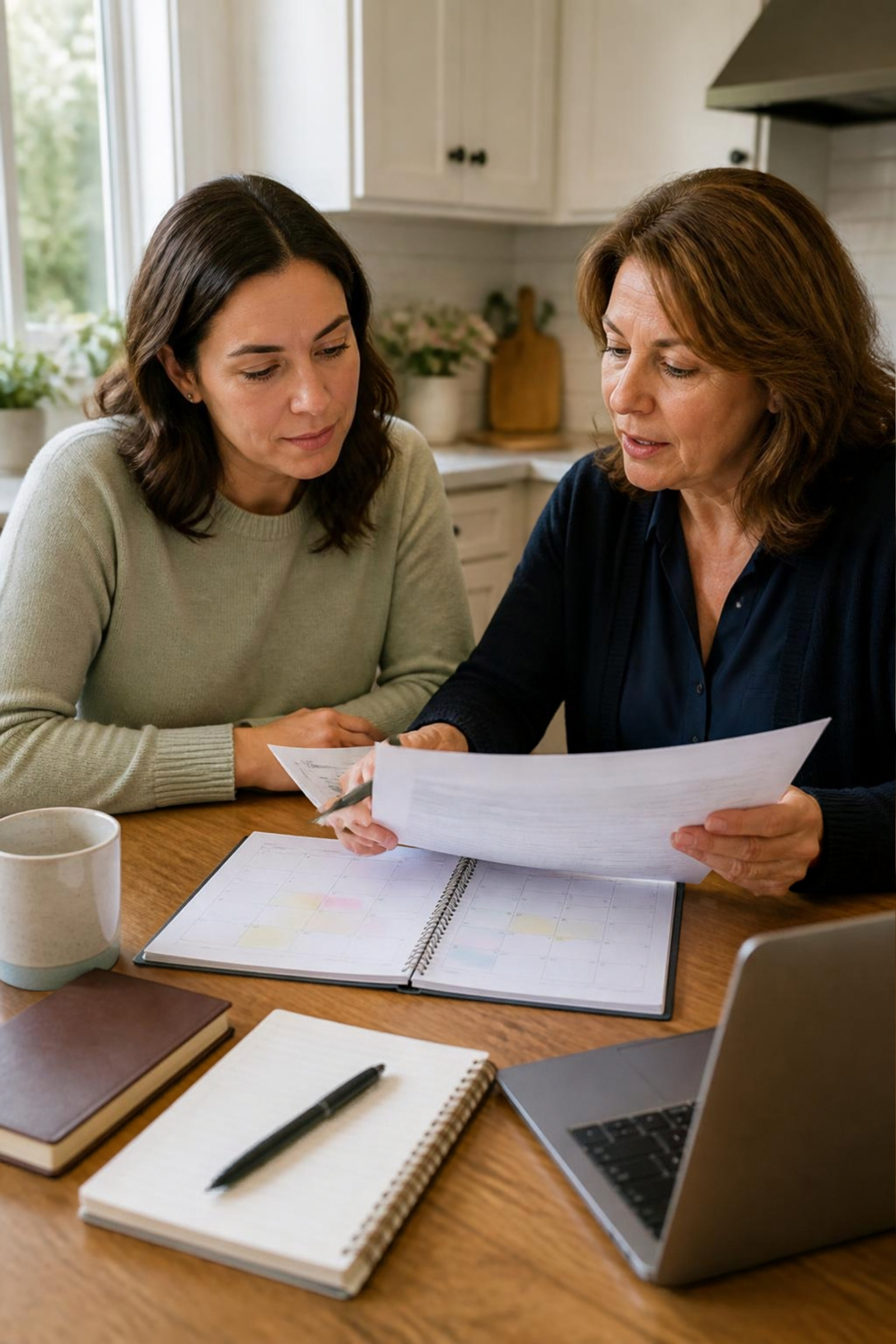 An adult daughter and a care coordinator reviewing a care plan and calendar together at a kitchen table