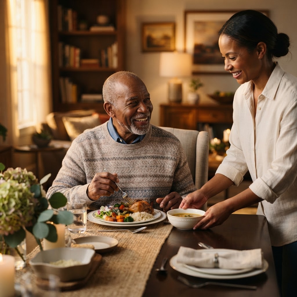 A caregiver serving a home-cooked meal to a smiling senior man at his dining table