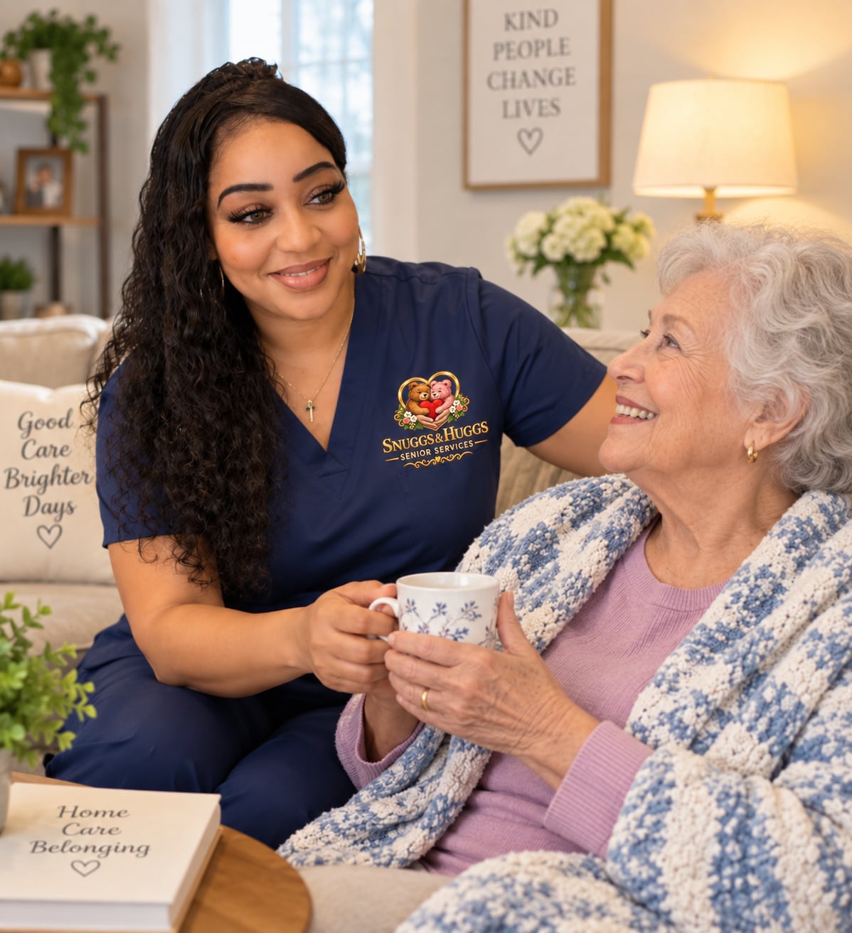 Caregiver in Snuggs & Huggs scrubs sharing a cup of tea with a smiling senior woman at home