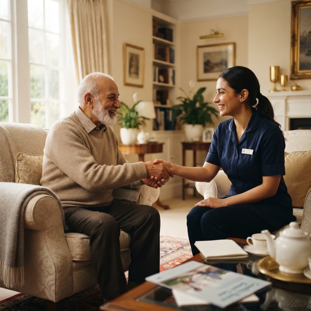A caregiver and a senior man shaking hands as they meet for the first time