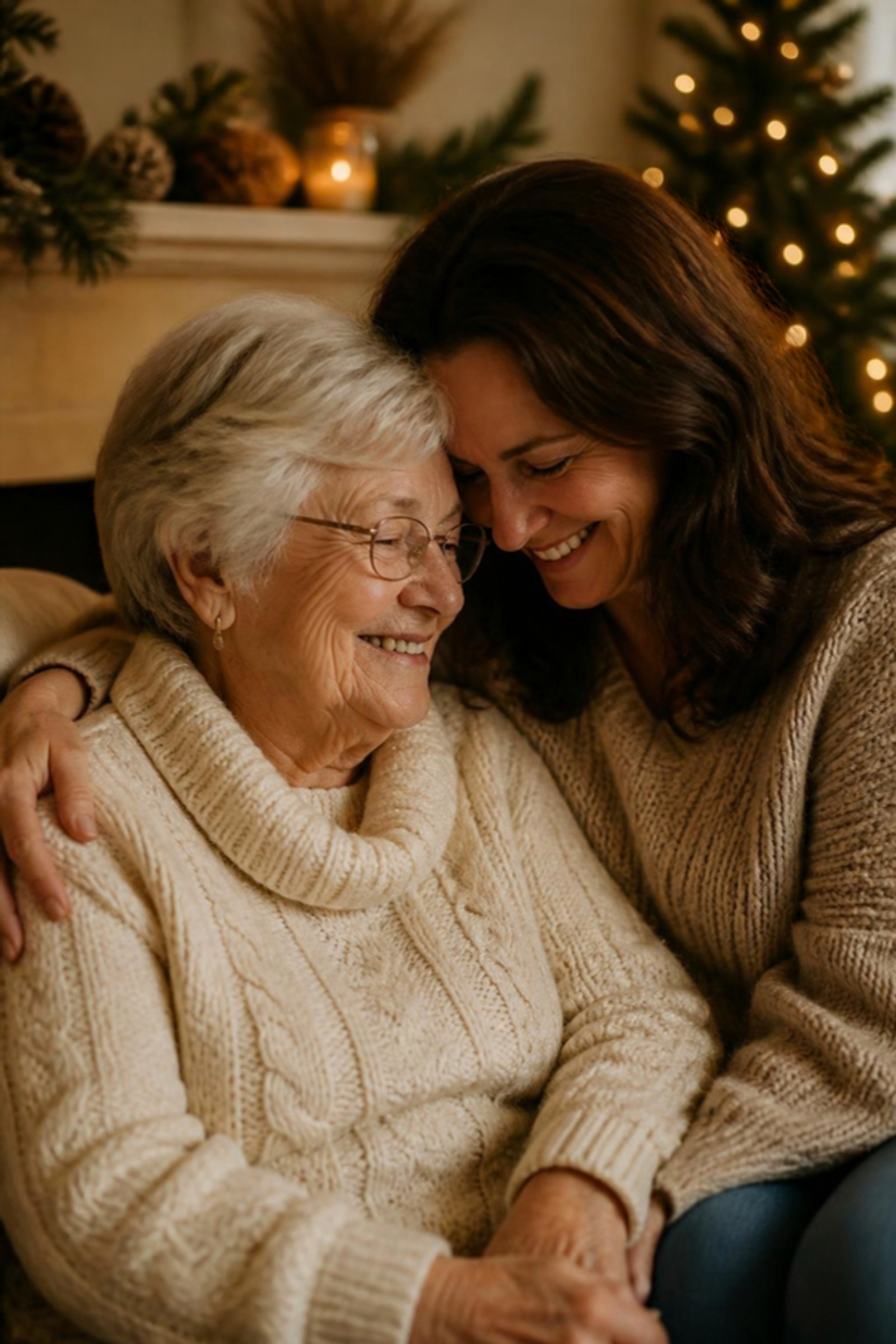 A senior woman and her adult daughter sharing a warm moment by a softly lit holiday mantel