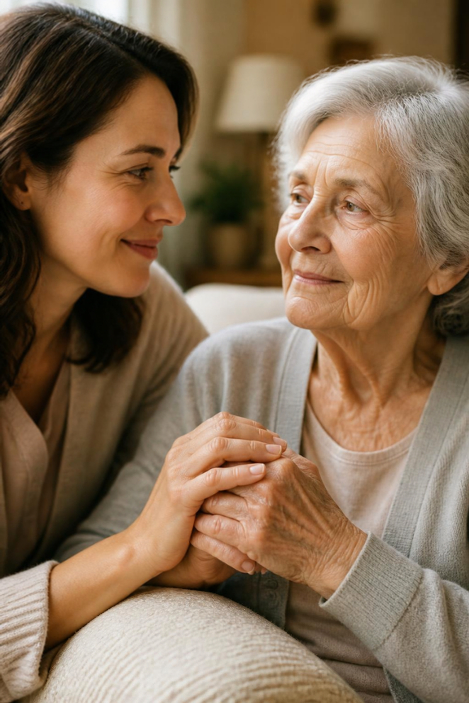 A caregiver gently holding the hand of a thoughtful senior woman at home