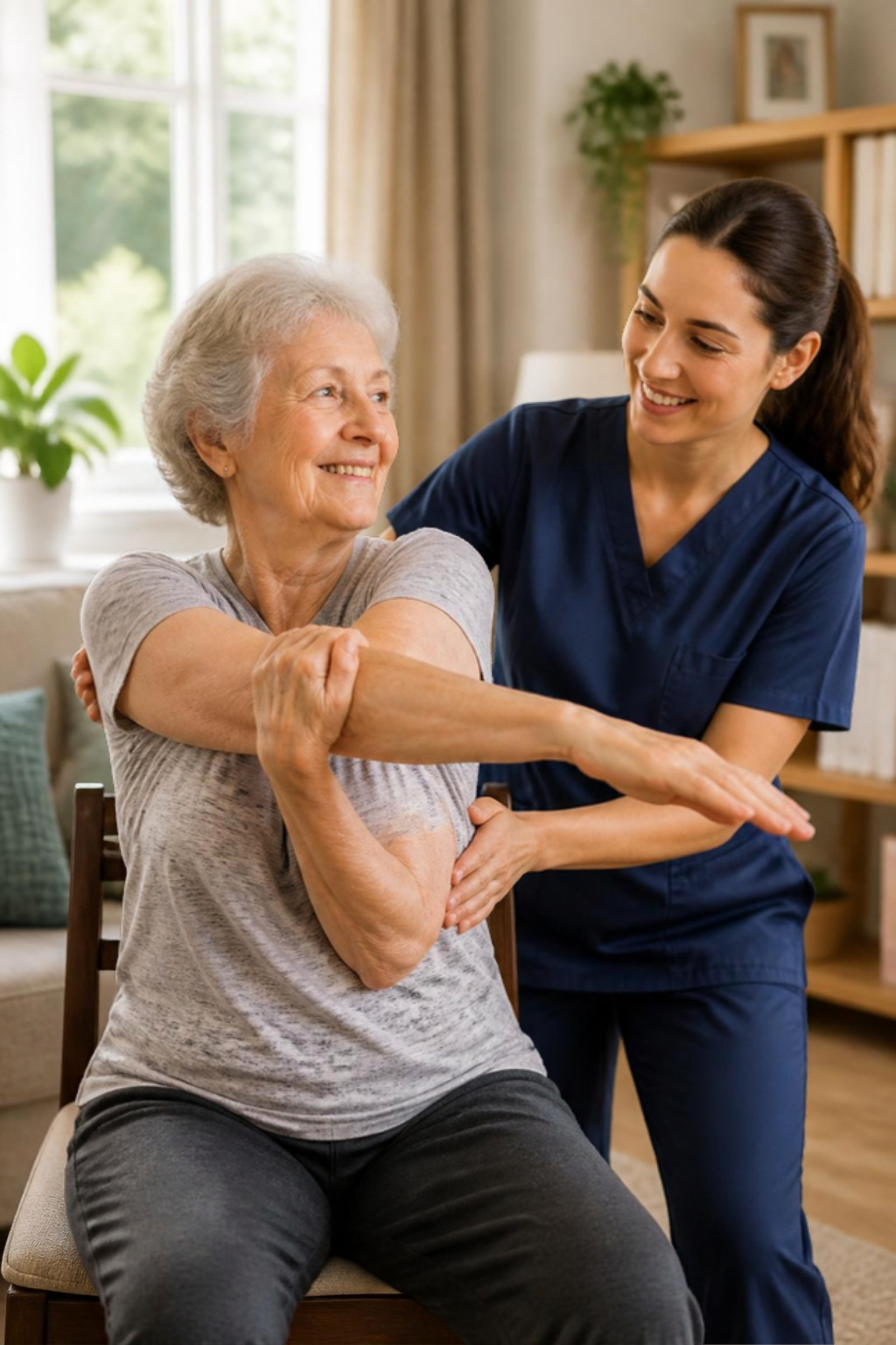A senior woman doing a gentle seated stretch in her living room with a caregiver beside her