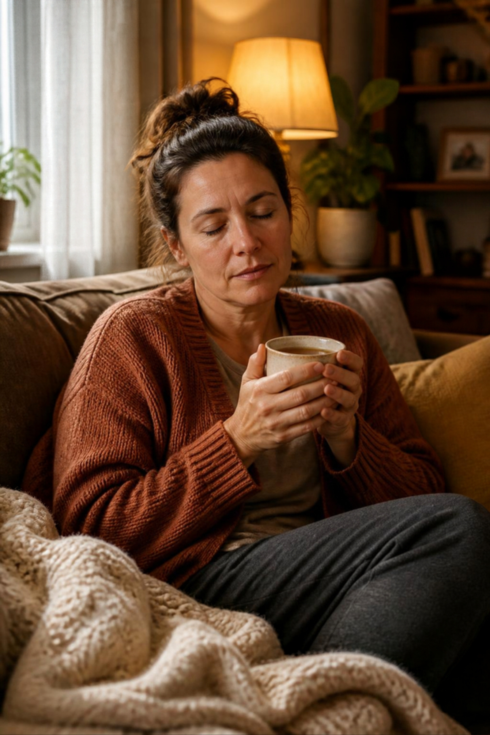 A tired family caregiver resting on the couch with a cup of tea
